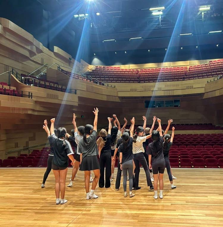 Troop of dances on stage looking out at a performance hall. All dancers are standing with a single arm raised.